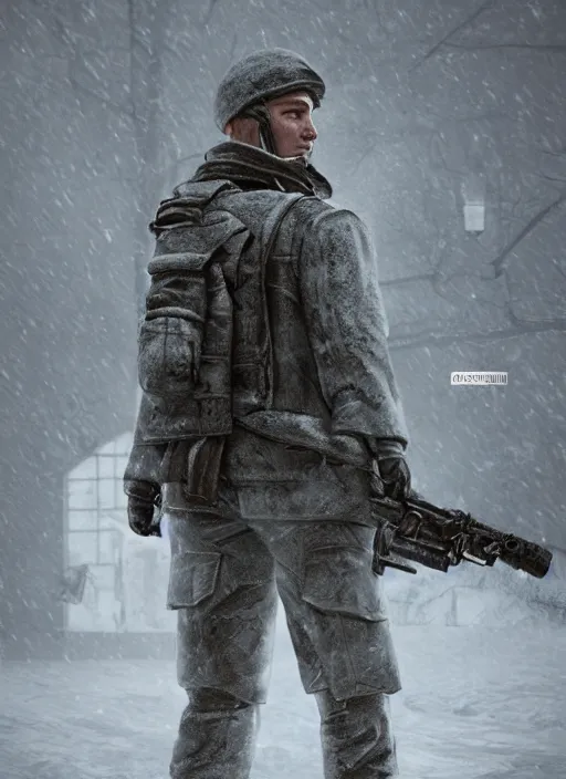 Image similar to the Cold War soldier, snow, ultra realist and ultra intricate detailed, sensual gloomy style, volumetric lighting, artstation, unreal render, depth of field