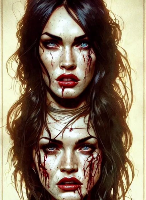 Image similar to portrait of megan fox as damaged zombie, irish, once upon a time, intricate, headshot, highly detailed, digital painting, artstation, concept art, sharp focus, cinematic lighting, illustration, art by artgerm and greg rutkowski, alphonse mucha, cgsociety