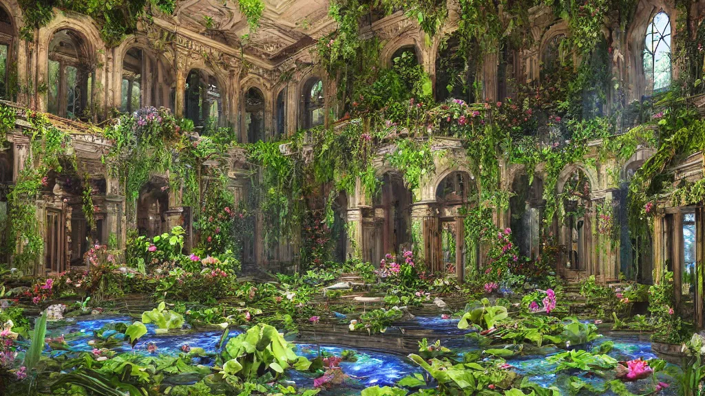 Prompt: exploring an abandoned overgrown grand library, becoming overgrown with plants with small colourful flowers, water colour, hyperrealistic, highly detailed, 4 k hd
