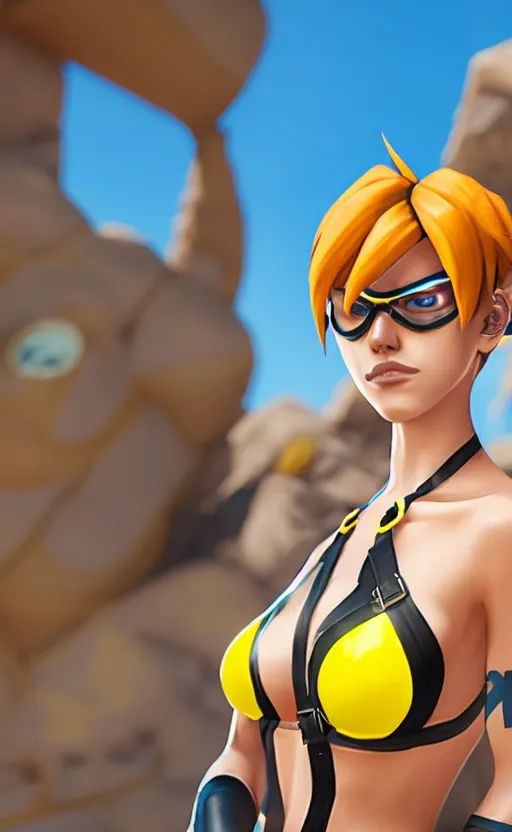 Image similar to tracer game character, in yellow bikini, blonde hair, black eyes, full height