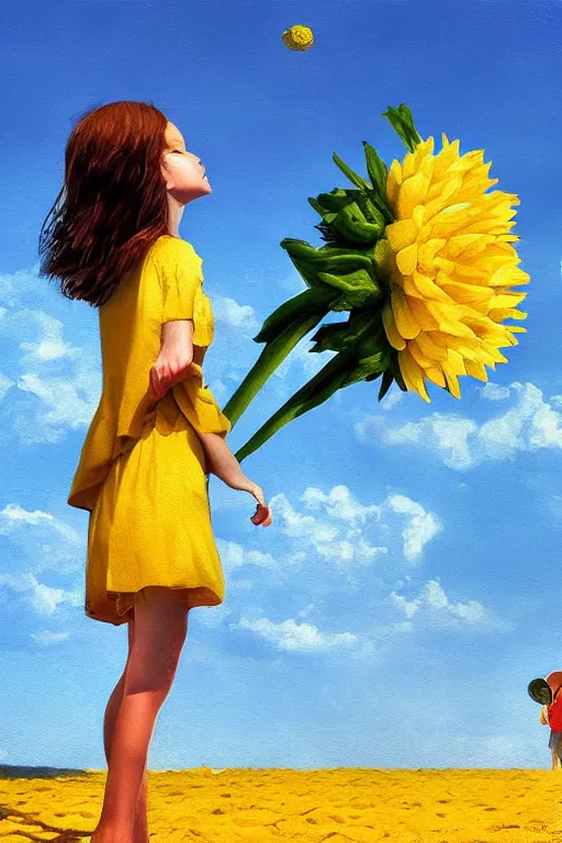 Image similar to closeup girl with huge yellow dahlia flower face, on the beach, surreal photography, blue sky, sunrise, dramatic light, impressionist painting, digital painting, artstation, simon stalenhag