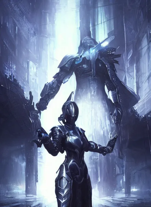 Image similar to dark seraphim knight in light armor wielding a magical lance, full body silhouette. dark water, cyberpunk pearl armor, futuristic fantasy, highly detailed, digital painting, trending on artstation, concept art, sharp focus, illustration, art by artgerm and nixeu and greg rutkowski and magali villeneuve.