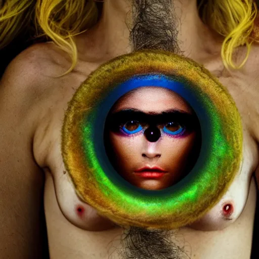 Image similar to three eyed goddesses, third eye middle of forehead, wide wide shot, very hairy bodies, vivid colors, eye in forehead, beautiful lighting, detailed photograph