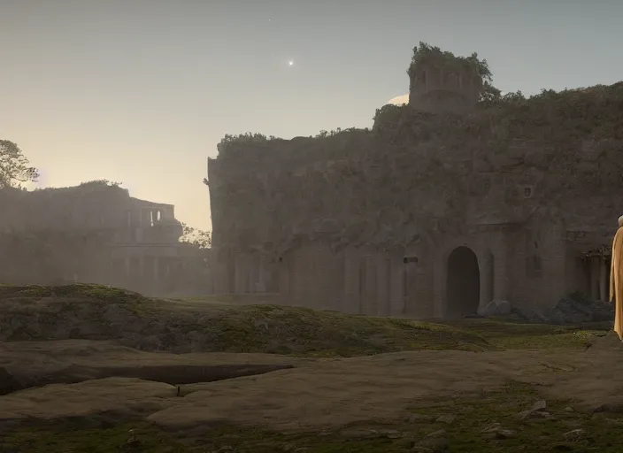 Prompt: a land ruins with a fort in the middle, golden pillars, water tunnels below and a time gate to another dimension, a wounded man wearing a white robe standing watching over, dramatic lighting, dawn, by caspar david friedrich, unreal engine 5