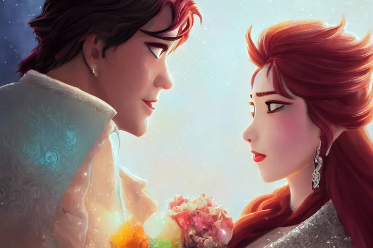 Image similar to a cinematic portrait of wedding photograph jpeg close up moment of a divine a japan sun god and moon goddess lovers magician at a wedding banquet. portraiture. digital painting. artstation. concept art. wedding photo. illustration. frozen ii art masterpiece by art by krenz cushart