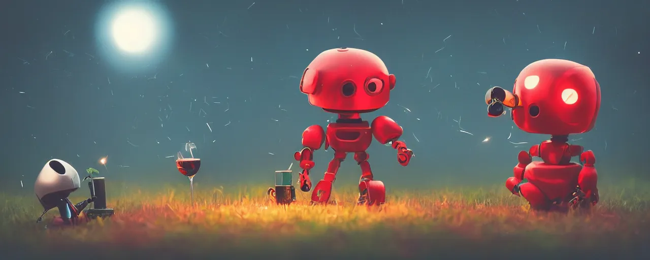 Prompt: a big and a little evil robot with a big head drinking wine at night in a forest with fireflies, backlighting, trending on artstation, night lighting, cgi, bokeh, dreamy