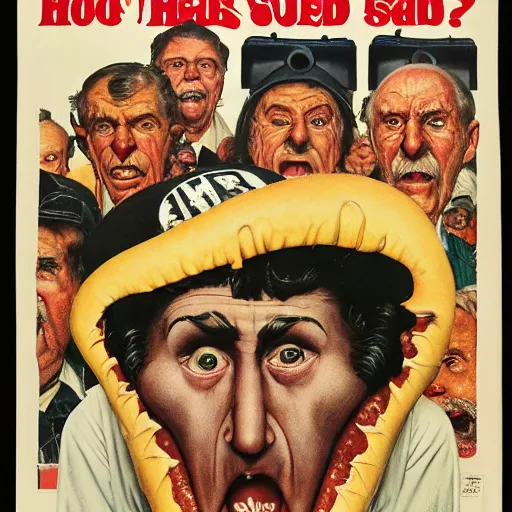 Prompt: hot dog headed man with hard black eyes very scared, rule of thirds, super sharp, 4 k, ultra detailed, norman rockwell, richard corben, epic scope.