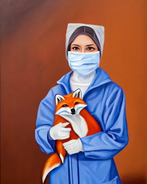 Image similar to oil painting portrait of anthropomorphic female fox animal dressed in labcoat, surgical mask covering mouth, with syringe, fox animal, hospital in background, oil painting,