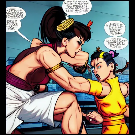 Prompt: chun li fighting hobbs in street fighter v by bill watterson