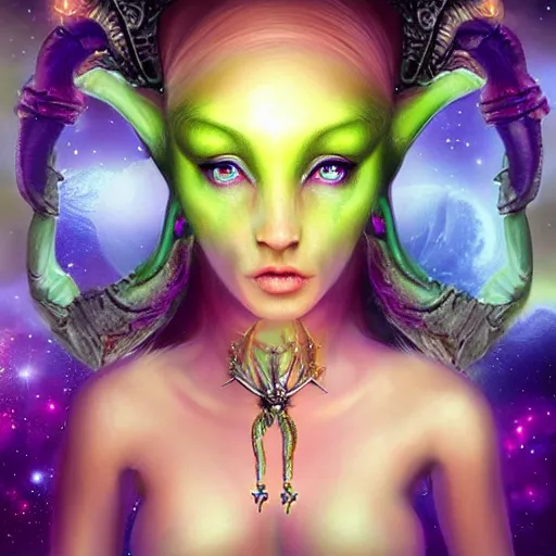 Image similar to “ Beautiful alien princess” mystical fantasy by Anne Stokes, 8k 3-D, matte painting, concept art, hyper realism, amazing contrasting background,