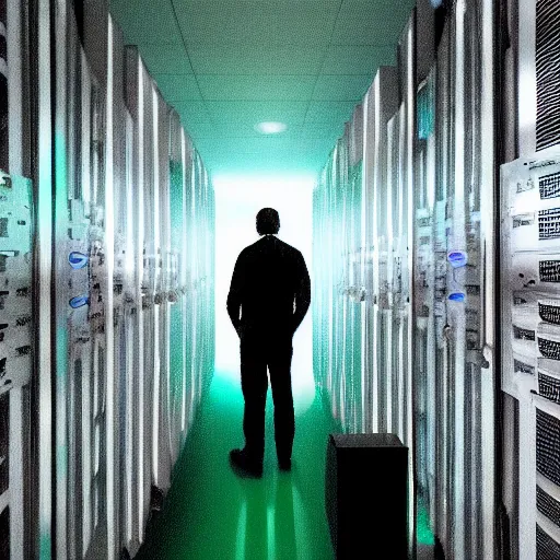 Image similar to man standing in Computer server room on fire with green eyes 8k resolution stunning