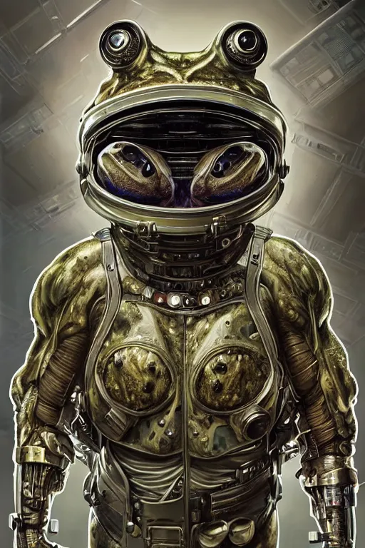 Image similar to a portrait of a muscular anthropomorphic cyberpunk frog in spacesuit armor with ensignia on chest plate by sandra chevrier, by jon foster, detailed render, post - processing, extremely hyperdetailed, intricate, epic composition, cybernetics, 4 k realistic, cryengine, realistic shaded lighting, sharp focus, masterpiece, by enki bilal