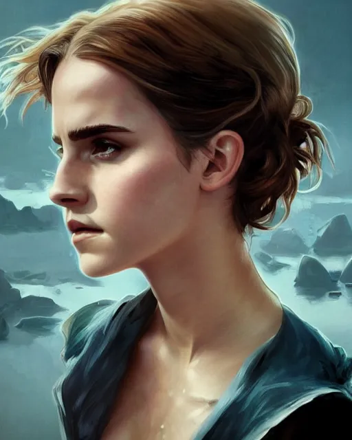 Image similar to clear portrait of emma watson, somber appearance, ripped clothing, looking her shoulder, background hyper detailed, character concept, full body, dynamic pose, intricate, elegant, highly detailed, digital painting, artstation, concept art, smooth, sharp focus, illustration, art by artgerm and greg rutkowski and alphonse mucha