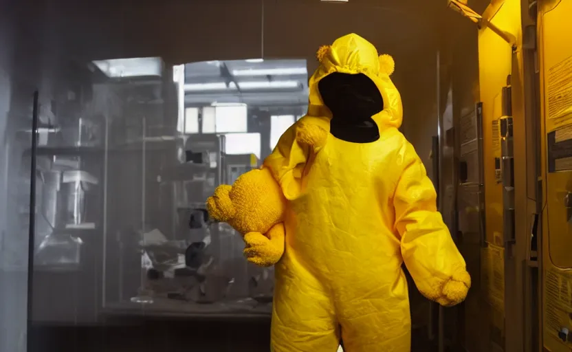 Prompt: a person in a yellow hazmat suit handling a teddy bear with oversized gloves in a dark laboratory, hazy atmosphere, sharp focus, moody lighting, imax, dystopian