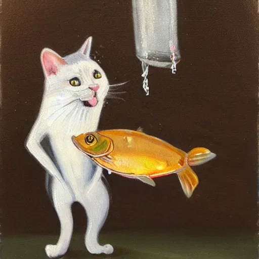 Image similar to a cute painting of a surprised cat caught in the act of stealing a fish off of a dinner plate