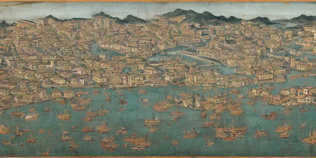 Prompt: A huge ancient Chinese port city with a thriving harbor and a large number of sailing ships, late medieval art, 13th century paintings, Siena school, Giotto, Marco Polo, highly detailed and impressive, 8k