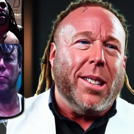 Image similar to Alex Jones appears as Lil Wayne with dreadlocks and facial tattoos, close up, high quality, photo