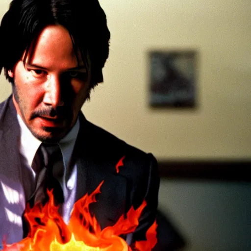 Image similar to Keanu reeves as a system administrator, doing a thumb up, there are servers in flames in the background, 35mm