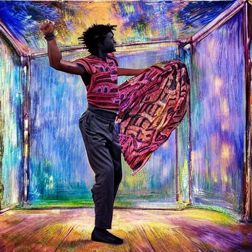 Image similar to east african man dancing inside a large photography studio by himself, intricate details, impressionist painting, figurative painting, happy, dreamy, pastel colors, studio ghibli