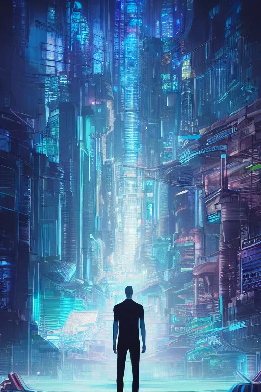 Prompt: a man standing in front of a futuristic city, cyberpunk art by barclay shaw, behance contest winner, retrofuturism, retrowave, outrun, synthwave