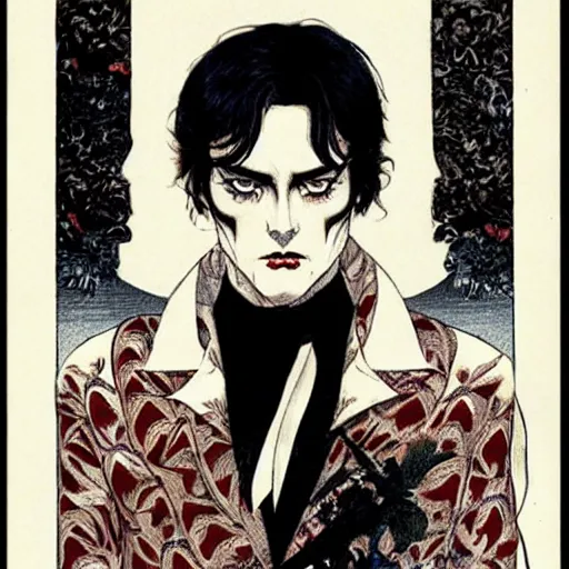 Prompt: symmetrical alain delon as a vampire, style of takato yamamoto