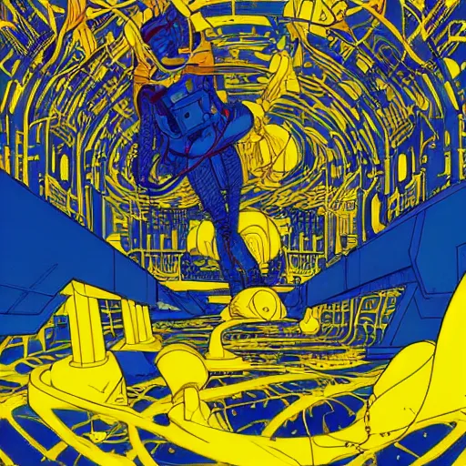 Prompt: Liminal space in outer space by Josan Gonzalez, blue and yellow color scheme