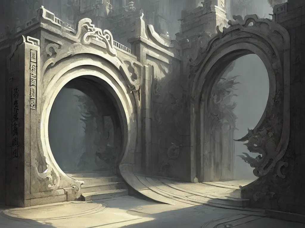 Image similar to circular gate in a white wall, leading to heaven. chinese architecture. fantasy. detailed. smooth. sharp focus. trending on artstation. artist greg rutkowski.