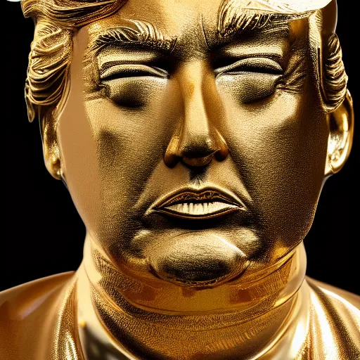 Image similar to donald trump golden statue starting to melt, drips of molten metal ground angle, uhd 8 k, sharp focus