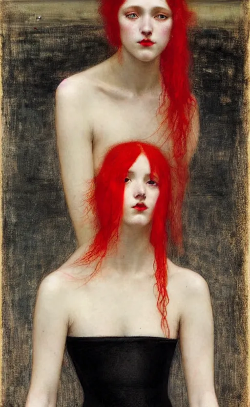 Image similar to portrait of girls with long red hair in black dress, under red water, very beautiful style, girl wrapped in black leather, photorealism, edgard maxence,