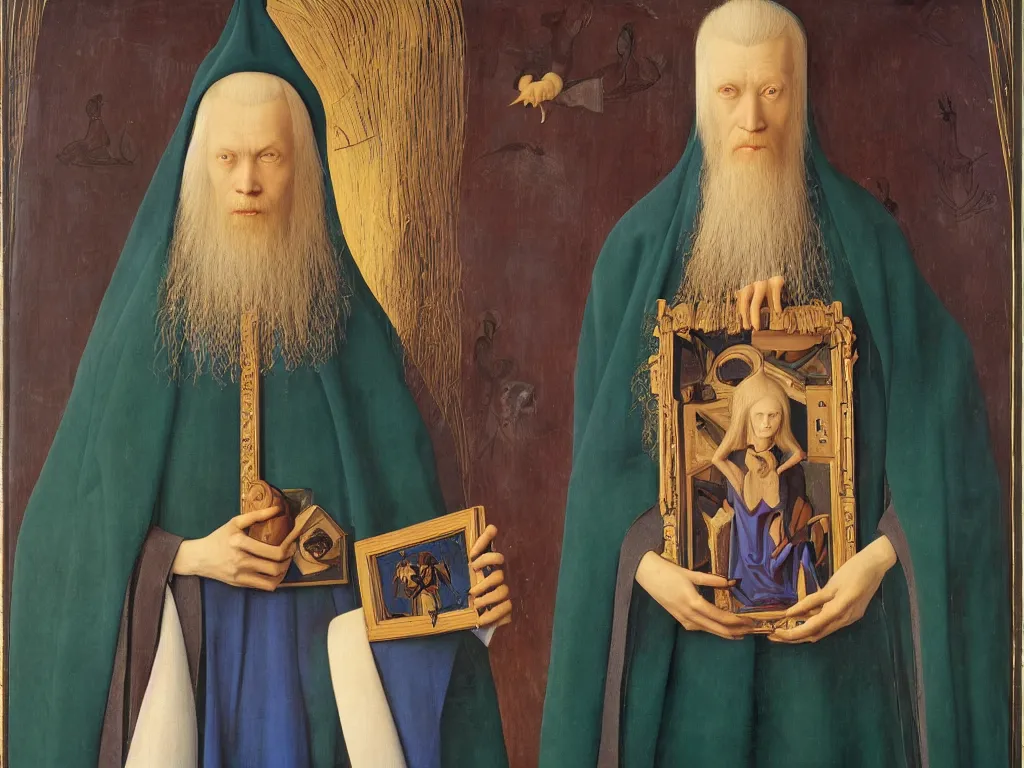 Image similar to Portrait of albino mystic with blue eyes, with Christian Orthodox icon. Painting by Jan van Eyck, Audubon, Rene Magritte, Agnes Pelton, Max Ernst, Walton Ford