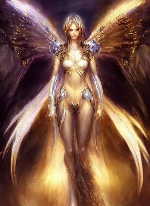 Image similar to concept art, angel knight girl. by artstation trending, by joseph mallord william turner, luis royo, konstantin razumov, cinematic lighting, fractal flame, highly detailed