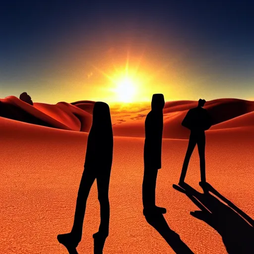 Prompt: silhouette people on a desert, digital art, artstation, golden hour