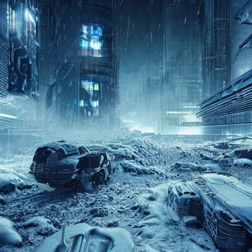 Prompt: Cyberpunk apocalyptic winter landscape, ice, snow storm, distant planet, hypermaximalistic, high details, cinematic, 8k resolution, beautiful detailed, insanely intricate details, artstation trending, octane render, unreal engine