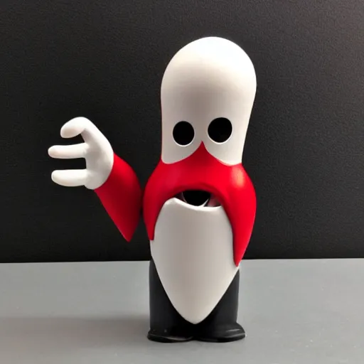 Image similar to vinyl designer toy, character head shaped as crescent, with hands and legs growing from head, creepy smiling evil face with wrinkles, holds a small knife in hand