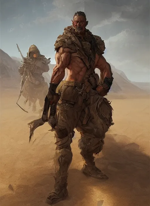 Image similar to detailed concept illustration, strong muscular older soldier roaming through desert, sharp focus, illustration, highly detailed, digital painting, concept art, matte, art by wlop and artgerm and greg rutkowski, masterpiece