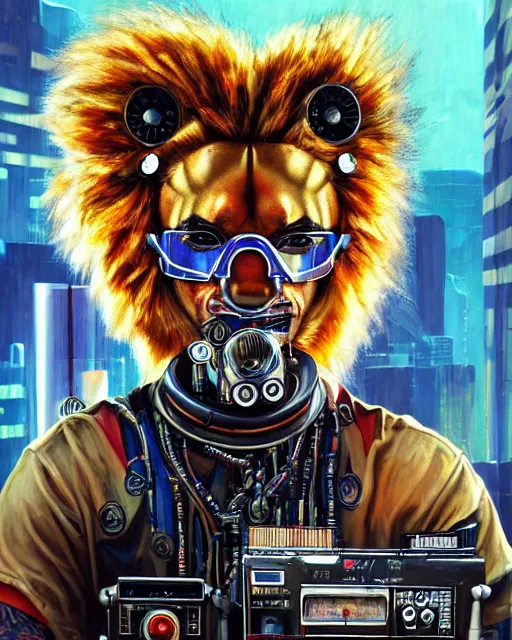 Image similar to a portrait of an anthropomorphic cyberpunk lion playing congas by sandra chevrier, by jon foster, detailed render, tape deck, epic composition, cybernetics, 4 k realistic, cryengine, realistic shaded lighting, sharp focus, masterpiece, by enki bilal