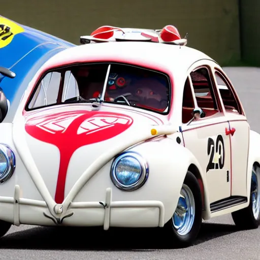 Image similar to close - up sports shot of'herbie the love bug'race car imax, 7 0 mm, movie still