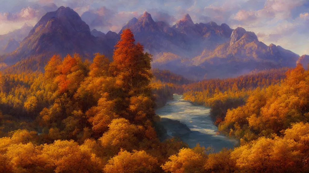 Prompt: The most beautiful panoramic landscape oil painting where the mountains are towering over the valley below their peaks shrouded in mist. The sun is just peeking over the horizon and the sky is ablaze with colors. The river is winding its way through the valley and the trees are starting to turn yellow and red, by Greg Rutkowski