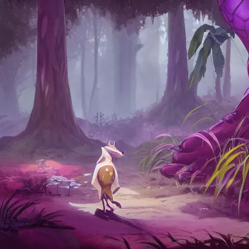 Image similar to concept art painting of an anthropomorphic purple creature with reptile and owl features, in the deep forest, realistic, detailed, cel shaded, in the style of makoto shinkai and greg rutkowski and james gurney