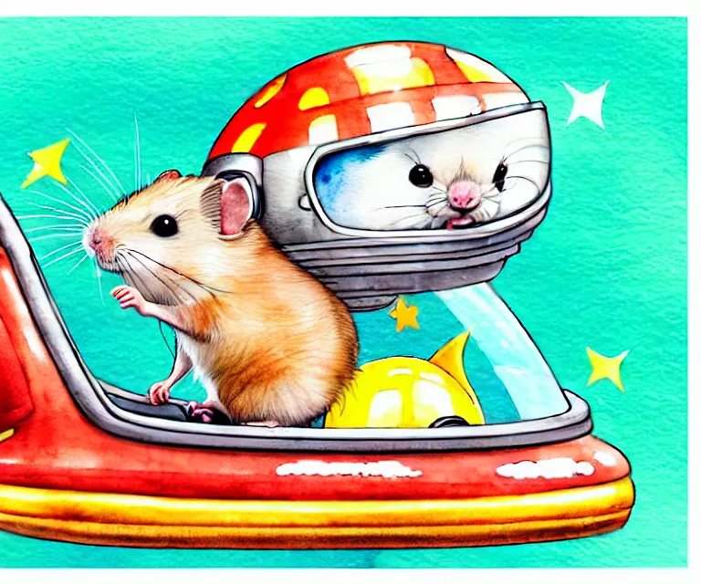 Image similar to cute and funny, hamster wearing a helmet riding in a tiny rocket ship, ratfink style by ed roth, centered award winning watercolor pen illustration, isometric illustration by chihiro iwasaki, edited by range murata, tiny details by artgerm and watercolor girl, symmetrically isometrically centered, focused