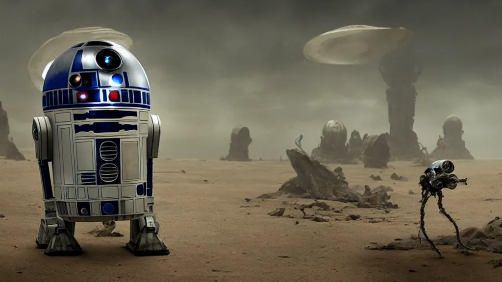 Image similar to r 2 d 2 in the style of an eldritch horror with mechanical tentacles, film still from the movie directed by denis villeneuve with art direction by salvador dali, wide lens