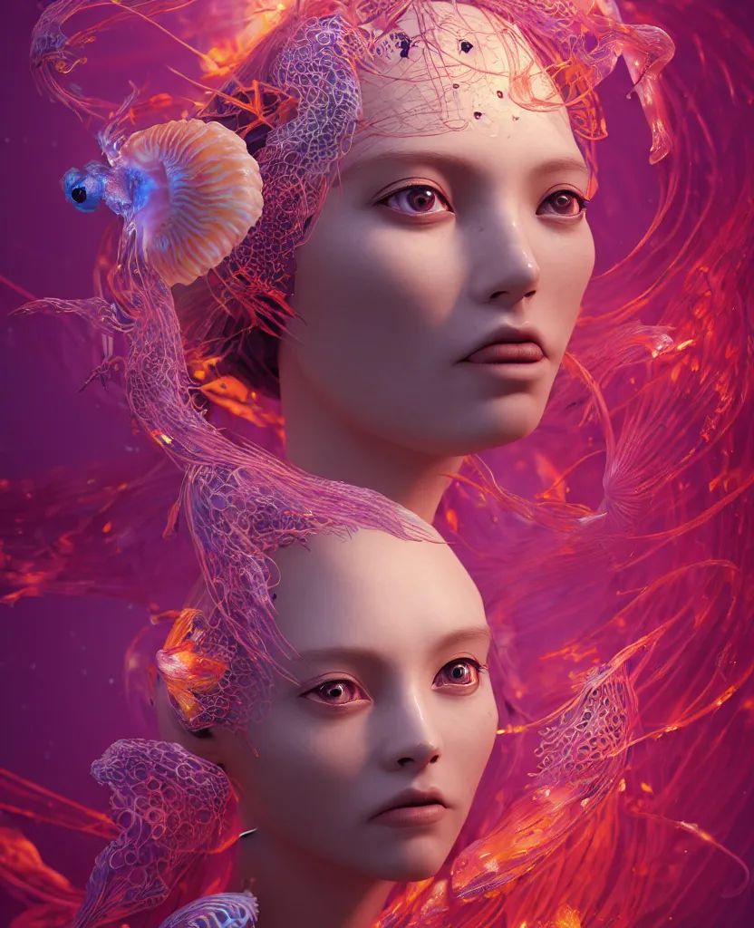 Image similar to goddess close-up portrait ribcagel. jellyfish phoenix head, nautilus, orchid, skull, betta fish, bioluminiscent creatures, intricate artwork by Tooth Wu and wlop and beeple. octane render, trending on artstation, greg rutkowski very coherent symmetrical artwork. cinematic, hyper realism, high detail, octane render, 8k