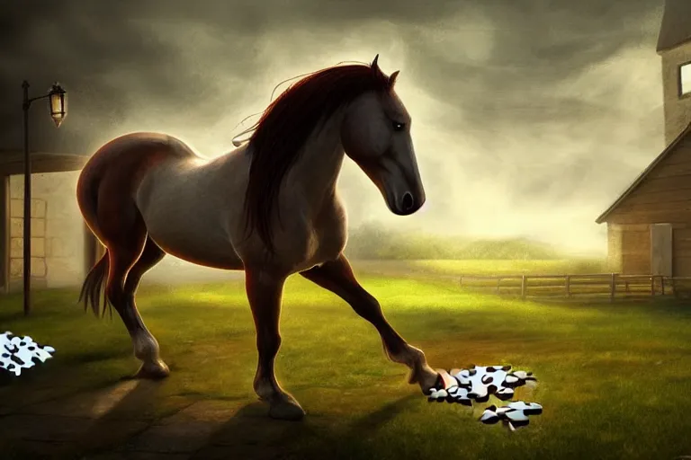 Image similar to A horse attempting to solve a jigsaw puzzle!!!, looking confused, cinematic lighting, evening light, stables, digital painting, volumetric light, concept art, trending on artstation