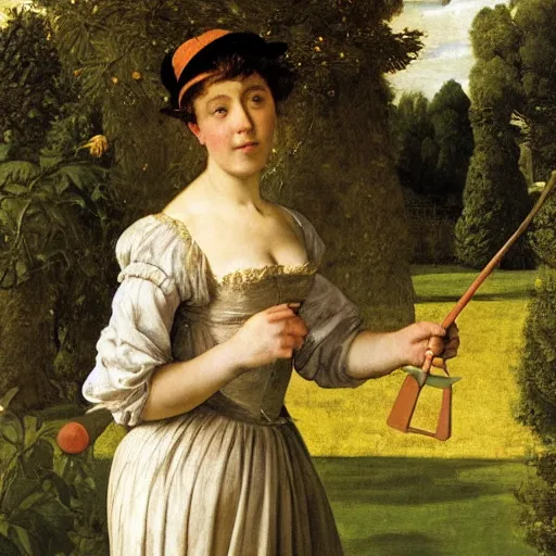 Image similar to columbo playing croquet in the garden, happy expression, smiling, holding a croquet mallet, rule of thirds, golden ratio, oil on canvas, highly detailed, warm color scheme, soft lighting, sharp focus, adelaide labille - guiard, artemisia gentileschi