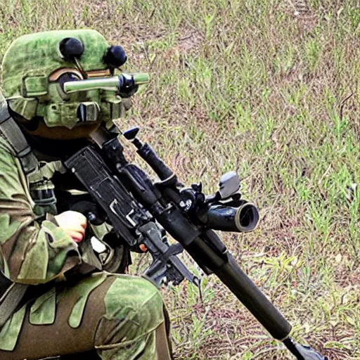 Image similar to photo of a rare frog equipped with m 2 4 9 machine gun and night vision target acquisition system