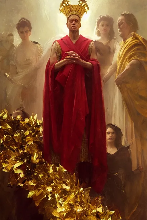 Image similar to beautiful portrait oil painting, steve buscemi wearing a golden wreath crown in royal crimson robes enthroned as the god emperor of ancient rome, mid - shot, by anders zorn, wonderful masterpiece by greg rutkowski, beautiful cinematic light, american romanticism, by thomas lawrence, greg rutkowski