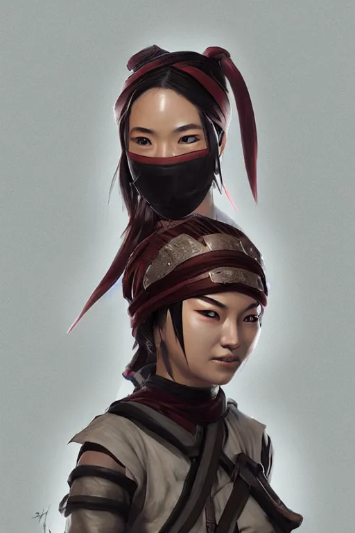 Image similar to native japanese young woman dressed like shinobi ninja, focused stare, partially masked, highly detailed, photobash, photorealistic render, trending on artstation, character design, cinematic lighting