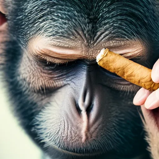 Image similar to a high detail closeup shot of a depressed monkey wearing a suit and smoking a cigar