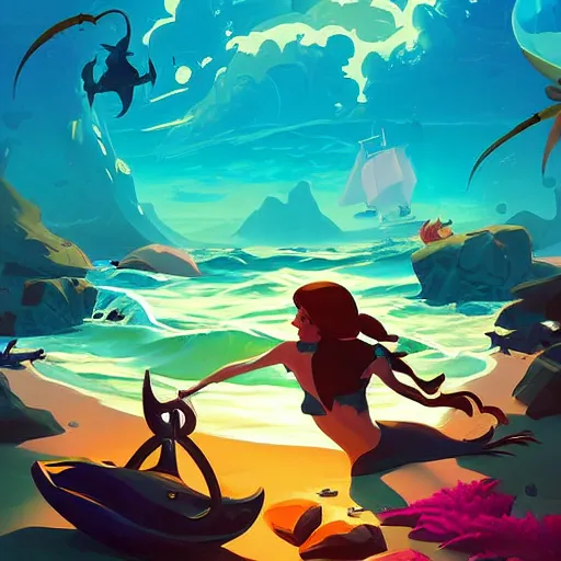 Image similar to painting mermaid treasure on sea of thieves game avatar hero smooth face median photoshop filter cutout vector, behance hd by jesper ejsing, by rhads, makoto shinkai and lois van baarle, ilya kuvshinov, rossdraws global illumination