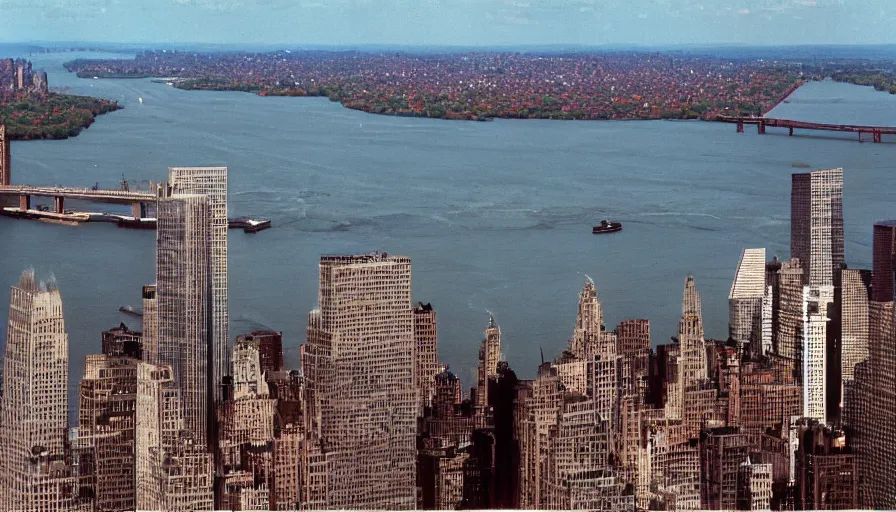 Image similar to highly detailed cinematic, hudson river in the background, twin towers, new york skyline, cinestill 8 0 0 t 3 5 mm 1 9 8 9, technicolor,, high quality, high detail, warm light, 8 k, realistic, hd